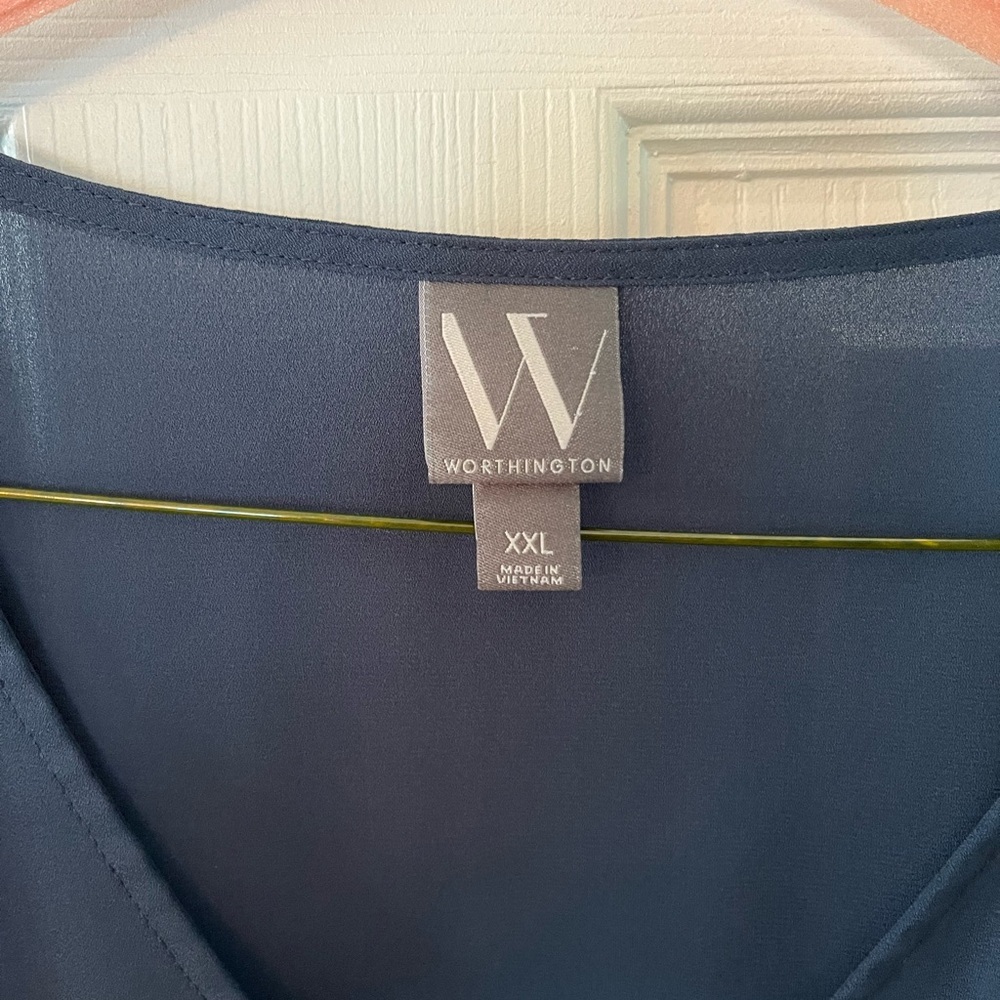 Worthington Navy V-Neck Blouse with Ruffle Detail XXL - Picture 3 of 3